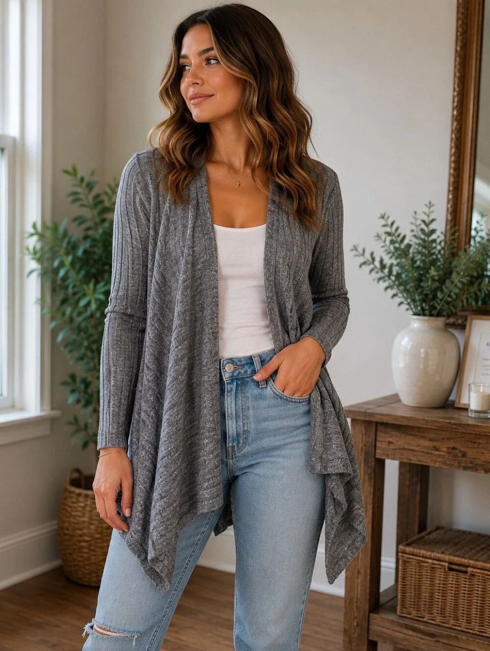 American Eagle Outfitters Heather Gray Ribbed Open-Front Cardigan